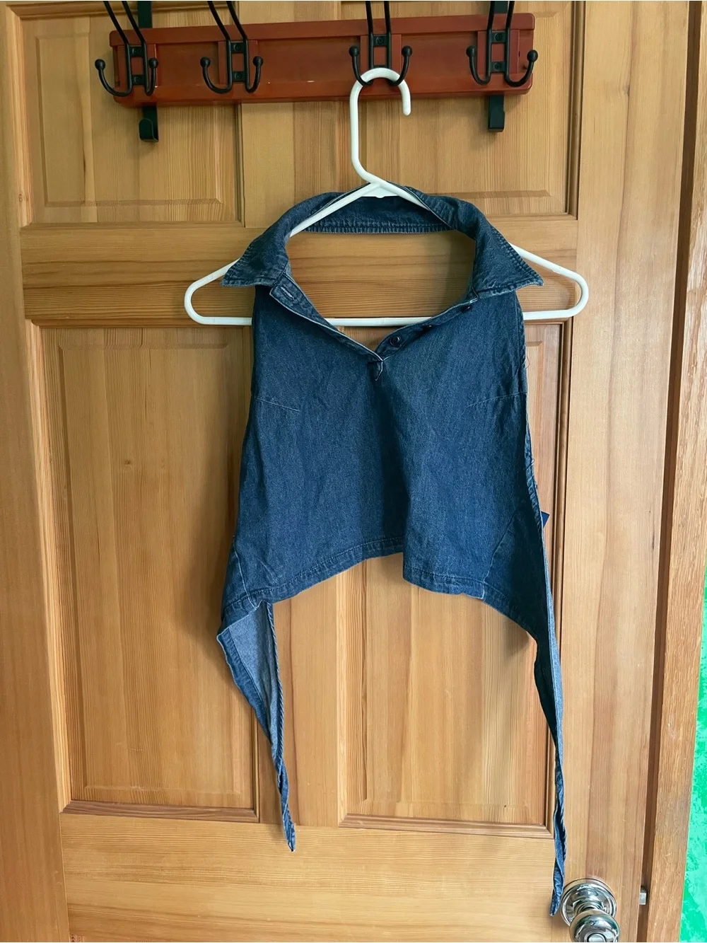 Denim Back-Tie Halter Crop Top, Open-Back, Sz M, 100% Cotton